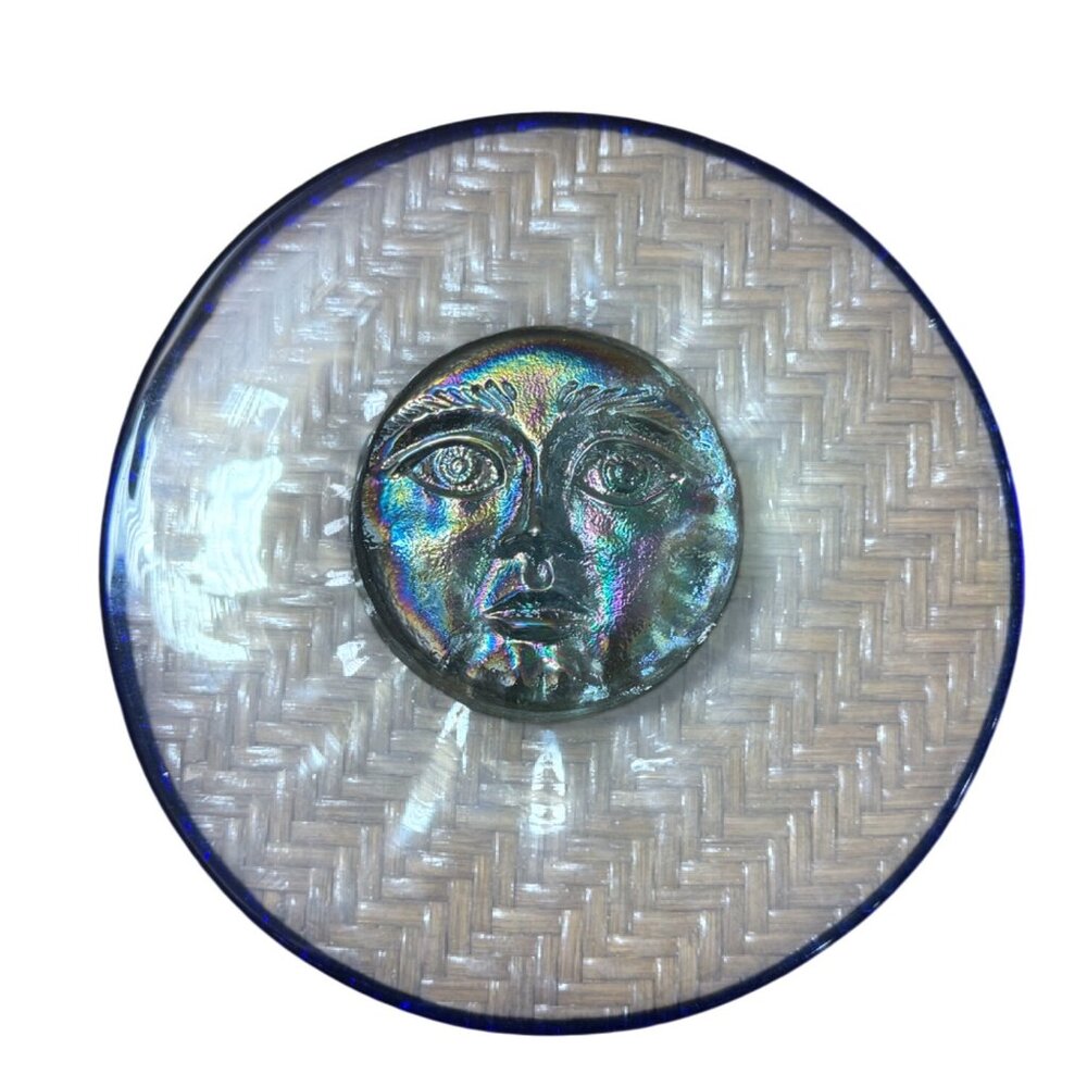 Vintage Blown Iredescent Art Glass Celestrial Sun Face Plate Plague Man Moon 9"